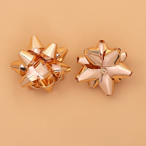 Gold Bow Flower Stud Pierced Earrings - Picture 3 of 4